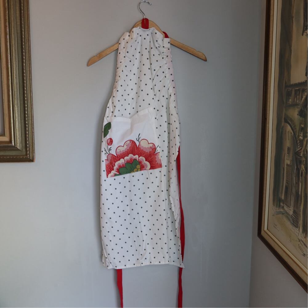 White Black Polka Dot Red Floral Pocket Vintage Style Apron